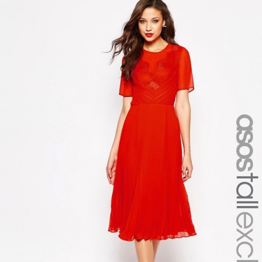 ASOS TALL Midi Skater Dress w/ Lace & Pleats